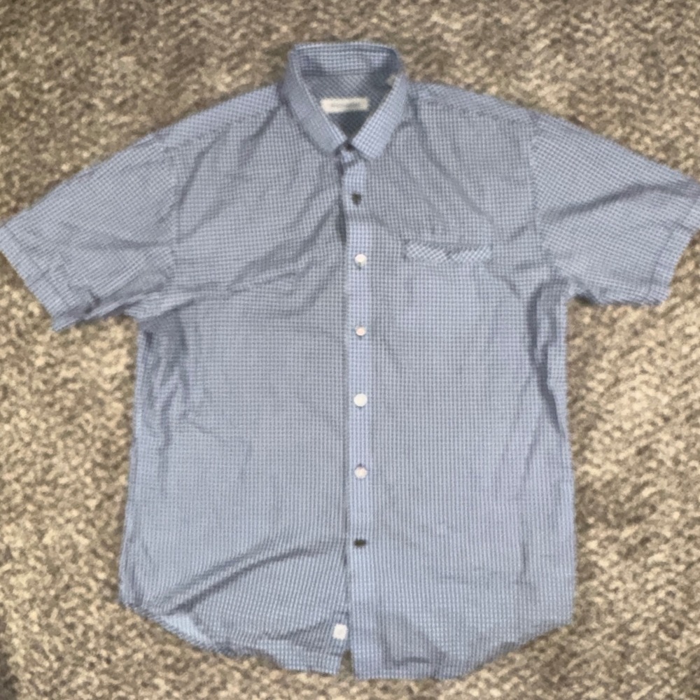 James Campbell Mens Large Blue Gingham Short Sleeve Button Up Shirt Pearl Button
